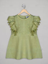 Load image into Gallery viewer, Solid green knee length dress for girls with pom pom detailing