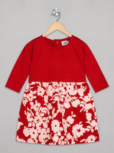Load image into Gallery viewer, Round neck 3/4th sleeves red and white floral knee length frock for girls