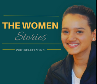 Girl smiling and The women stories in yellow on a green background