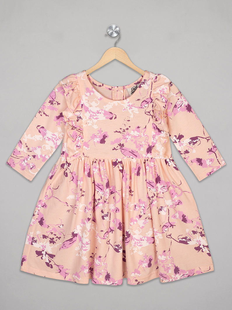 Floral print purple full sleeves knee length dress for girls