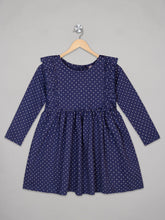 Load image into Gallery viewer, Star printed navy full sleeves knee length dress for girls
