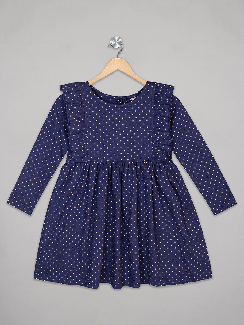Star printed navy full sleeves knee length dress for girls