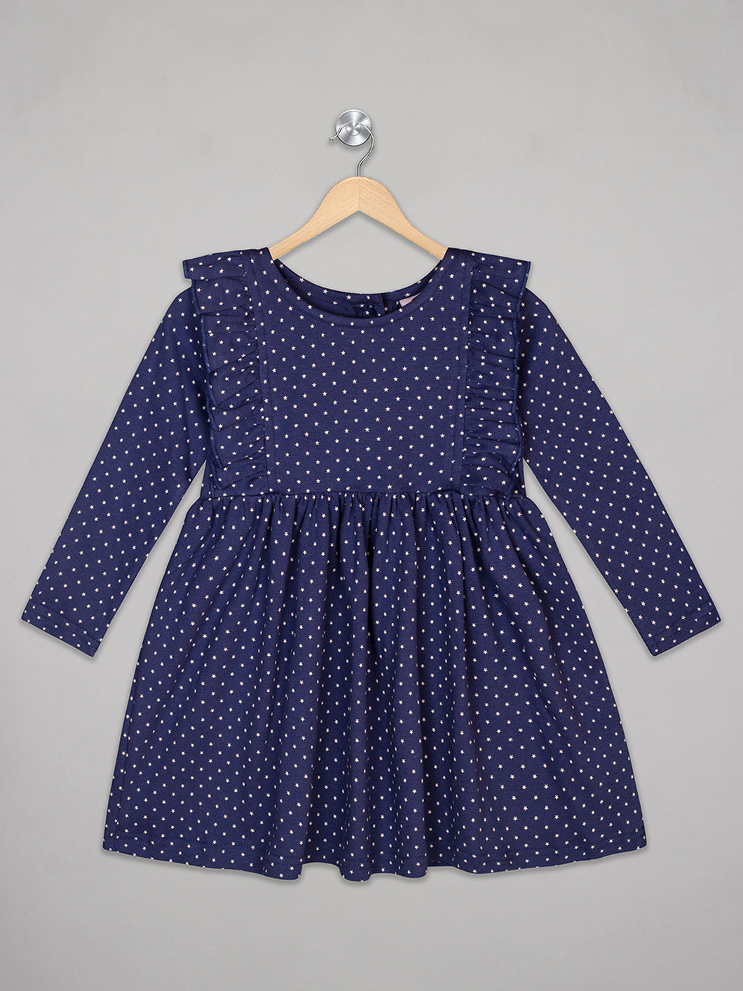 Star printed navy full sleeves knee length dress for girls