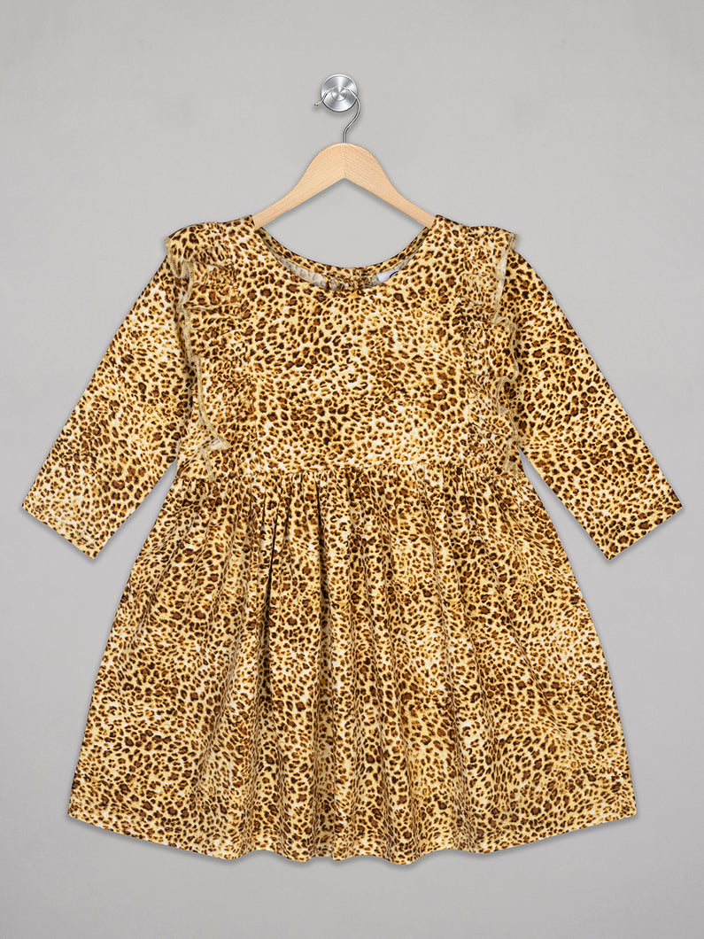 Full sleeves knee length dress for girls in chetah print