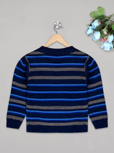 Load image into Gallery viewer, Boys winter woolen full sleeves round neck stripes sweater in navy, blue and grey combination
