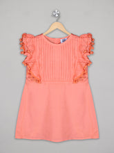 Load image into Gallery viewer, Solid orange knee length dress for girls with pom pom detailing
