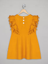 Load image into Gallery viewer, Solid yellow dress for girls with three back button closure and pom pom detailing
