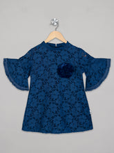 Load image into Gallery viewer, Crew neck blue color bell sleeves frock for girls with flower attachment
