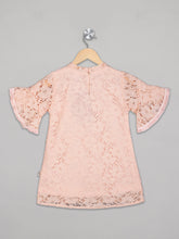 Load image into Gallery viewer, Peach bell sleeves crew neck dress for girls with back closure
