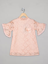 Load image into Gallery viewer, Peach crew neck bell sleeves knee length net frock for girls
