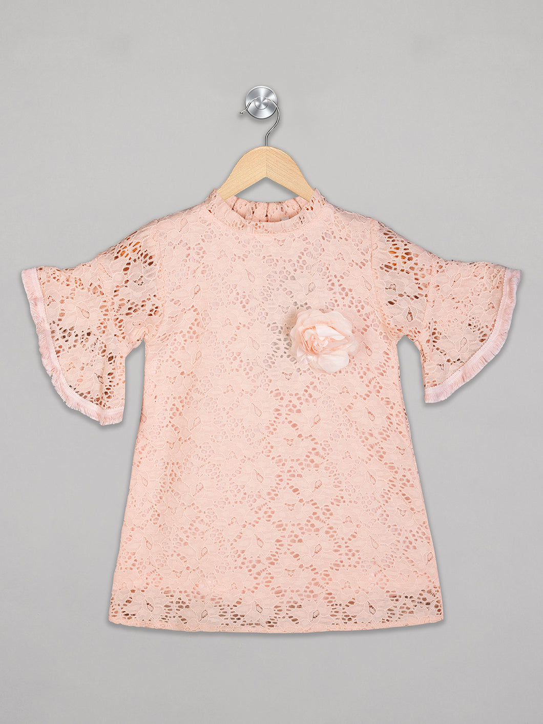 Peach crew neck bell sleeves knee length net frock for girls