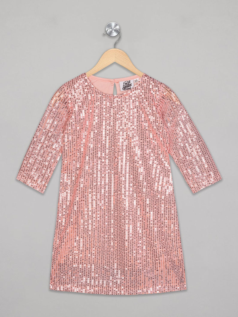 Round neck 3/4th sleeves A line sequence knee length pink party frock for girls