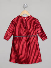 Load image into Gallery viewer, Maroon color pleated crew neck 3/4th sleeves knee length frock for girls with button closure and black belt
