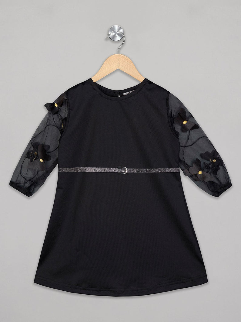 Round neck 3/4th sleeves black knee length frock for girls with glitter belt