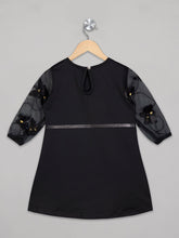 Load image into Gallery viewer, Round neck 3/4th net sleeves knee length black frock for girl with belt
