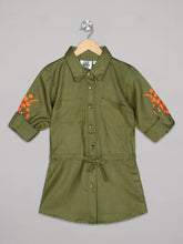 Load image into Gallery viewer, Olive color front open frock for girls with embroidered sleeves 

