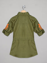 Load image into Gallery viewer, Olive color dress for girls with embroidered sleeves
