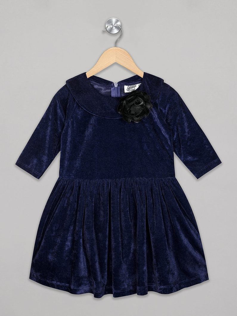 Navy velvet knee length frock for girls with flower attachment