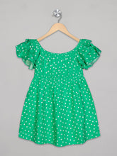 Load image into Gallery viewer, Green polka dot short sleeves knee length frock for girls
