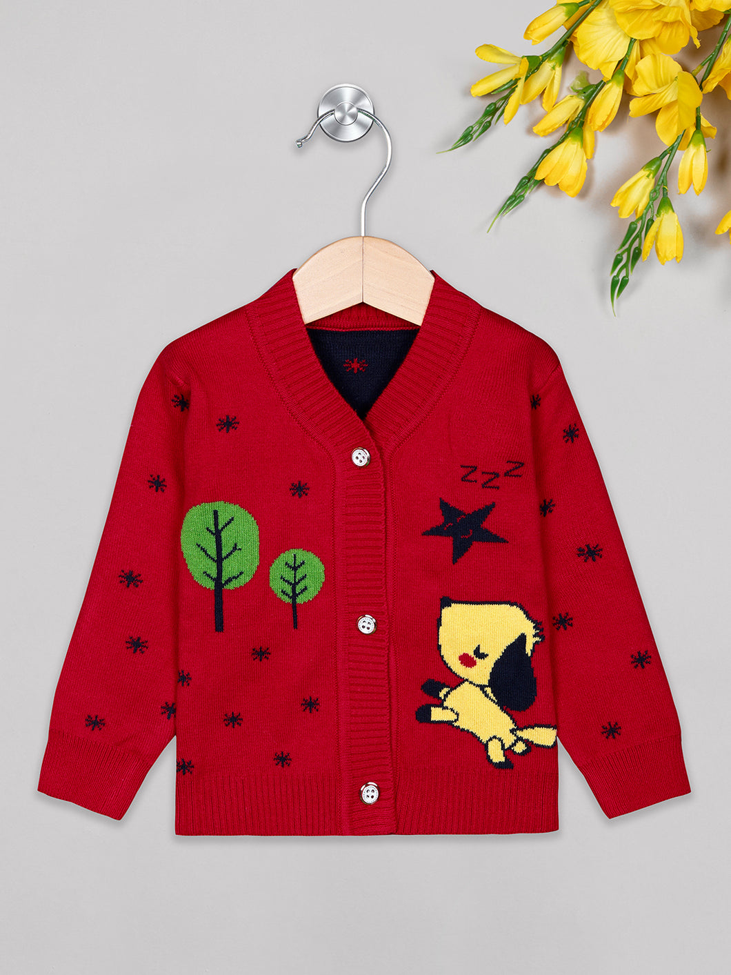 Unisex winter woolen full sleeves round neck front open buttons sweater in red