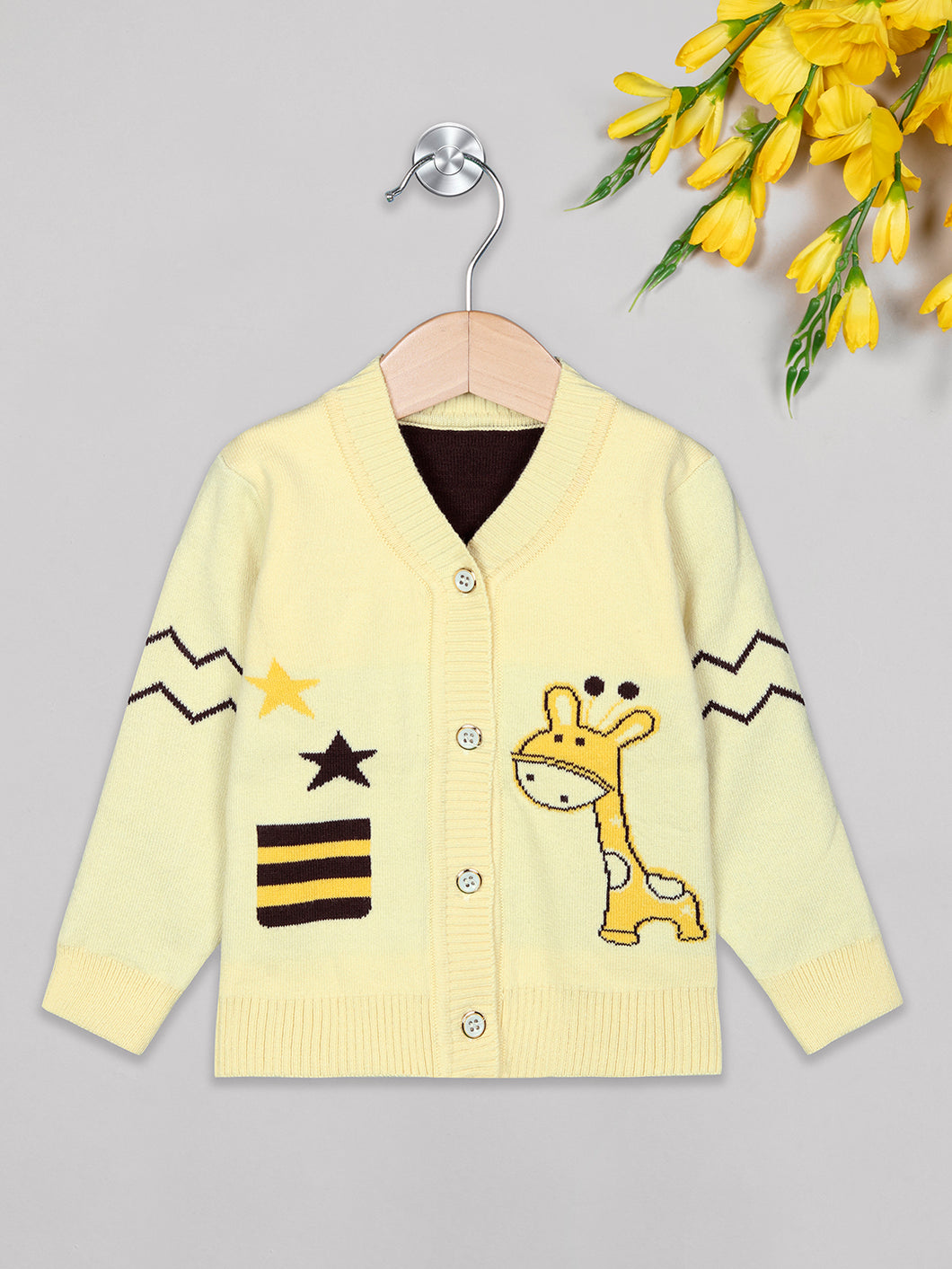 Unisex winter woolen full sleeves round neck front open buttons sweater in yellow 