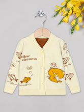 Load image into Gallery viewer, Unisex winter woolen full sleeves round neck front open buttons sweater in white and yellow combination

